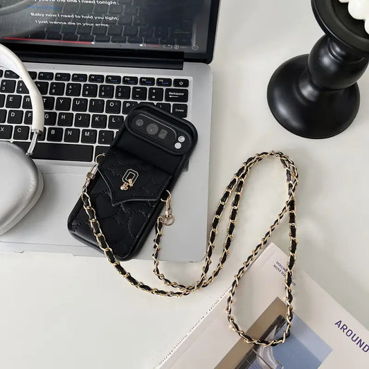 Luxury Crossbody Wallet Case for Google Pixel / Pixel Pro / Pro XL – Quilted Leather Pouch with Chain Strap