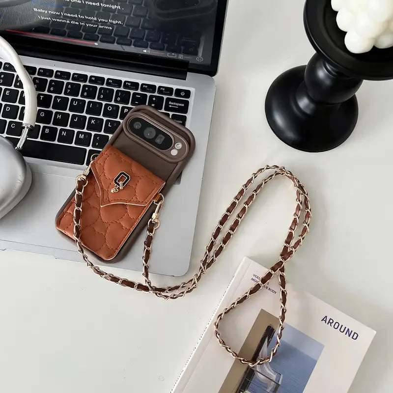 Luxury Crossbody Wallet Case for Google Pixel / Pixel Pro / Pro XL – Quilted Leather Pouch with Chain Strap