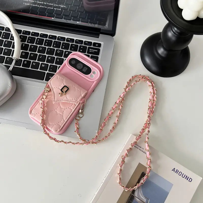 Luxury Crossbody Wallet Case for Google Pixel / Pixel Pro / Pro XL – Quilted Leather Pouch with Chain Strap