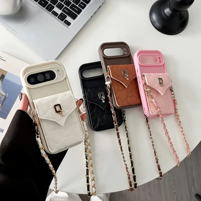 Luxury Crossbody Wallet Case for Google Pixel / Pixel Pro / Pro XL – Quilted Leather Pouch with Chain Strap